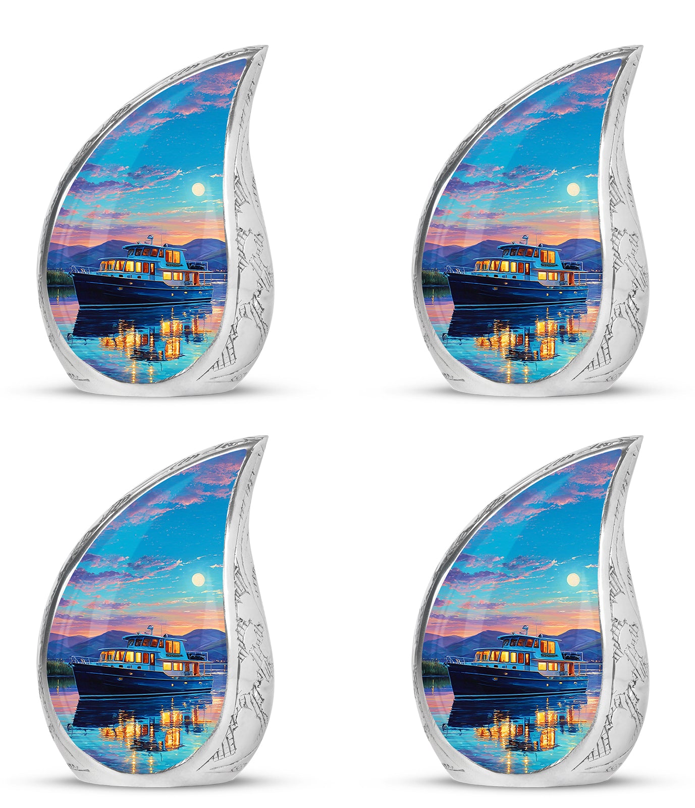 Cool Teal Boat Cremation Urn close-up of engraving and surface detail - flowing teardrop boat silhouette on curved aluminum - 10 inch aluminum urn for cremated remains