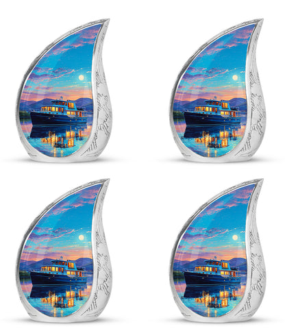Cool Teal Boat Cremation Urn close-up of engraving and surface detail - flowing teardrop boat silhouette on curved aluminum - 10 inch aluminum urn for cremated remains
