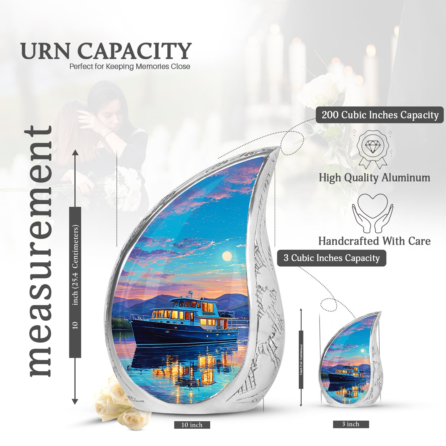 Aqua Teal Boat Cremation Urn angled view of lid and engraved motif - smooth teardrop contour featuring boat art - mini keepsake memorial for portion of cremation ashes