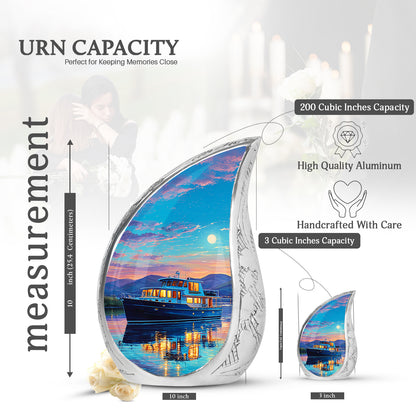 Aqua Teal Boat Cremation Urn angled view of lid and engraved motif - smooth teardrop contour featuring boat art - mini keepsake memorial for portion of cremation ashes
