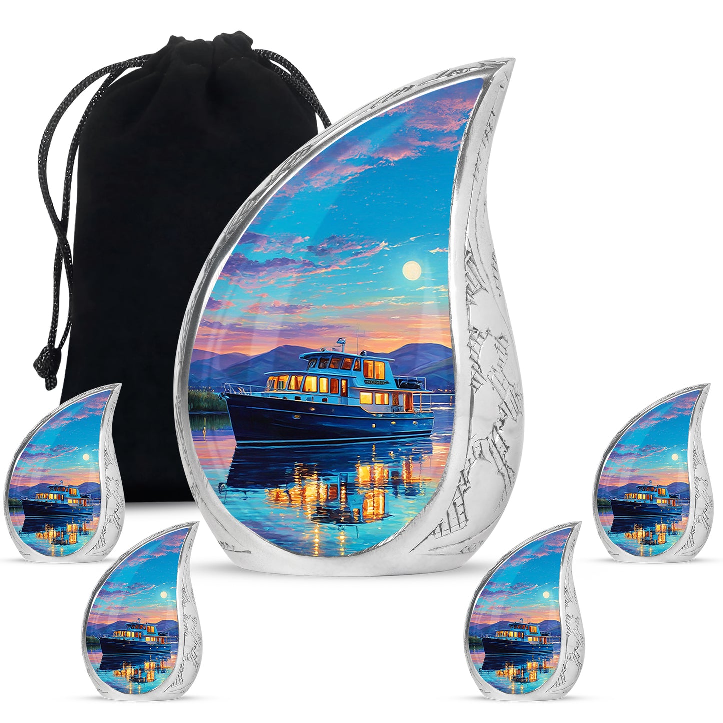 Tropical Teal Boat Cremation Urn side profile showing urn shape - graceful tear-shaped urn with boat motif - memorial set with one large and four small urns