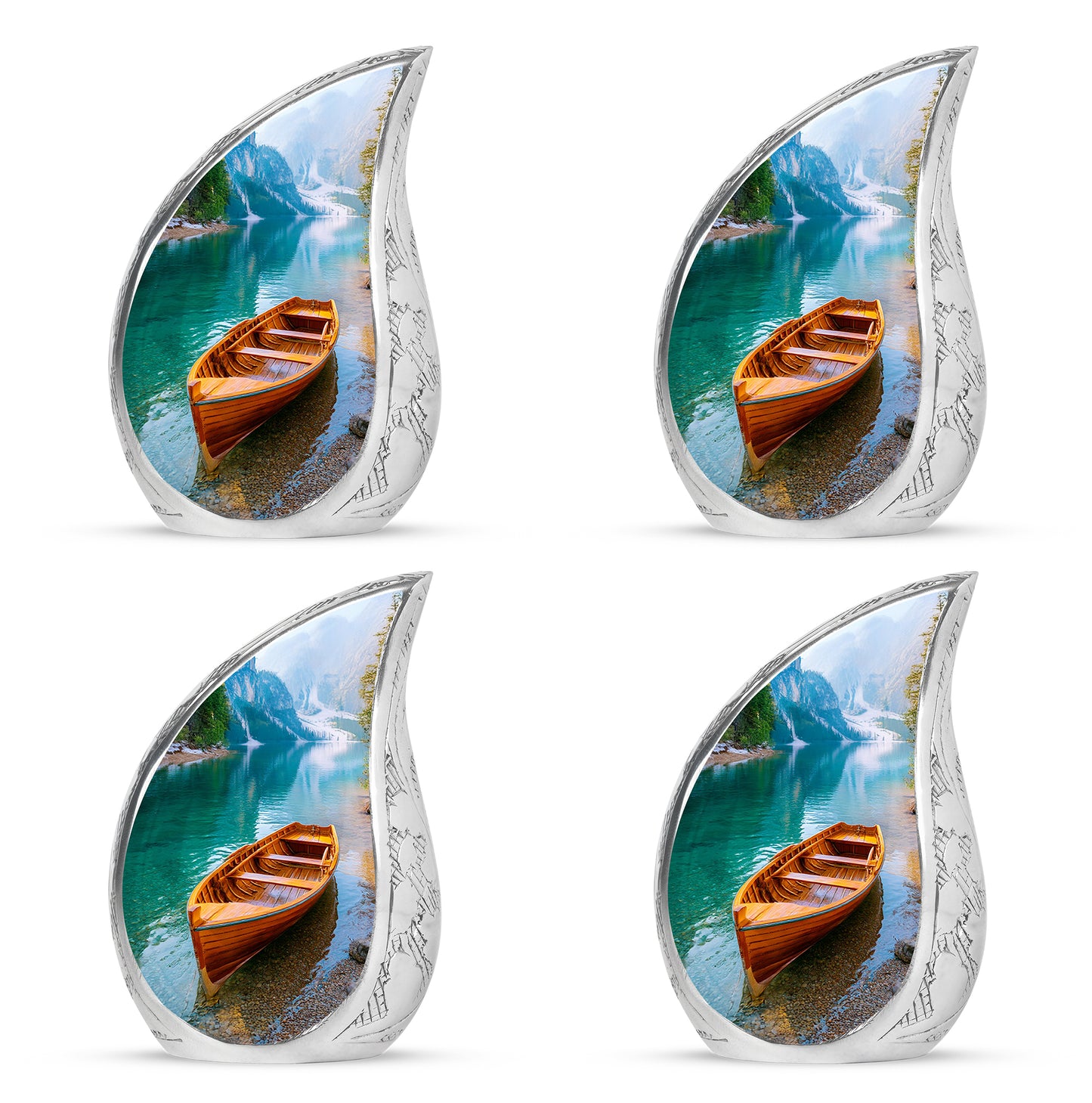 Soft Teal Boat Cremation Urn close-up of engraving and surface detail - flowing teardrop boat silhouette on curved aluminum - 10 inch aluminum urn for cremated remains