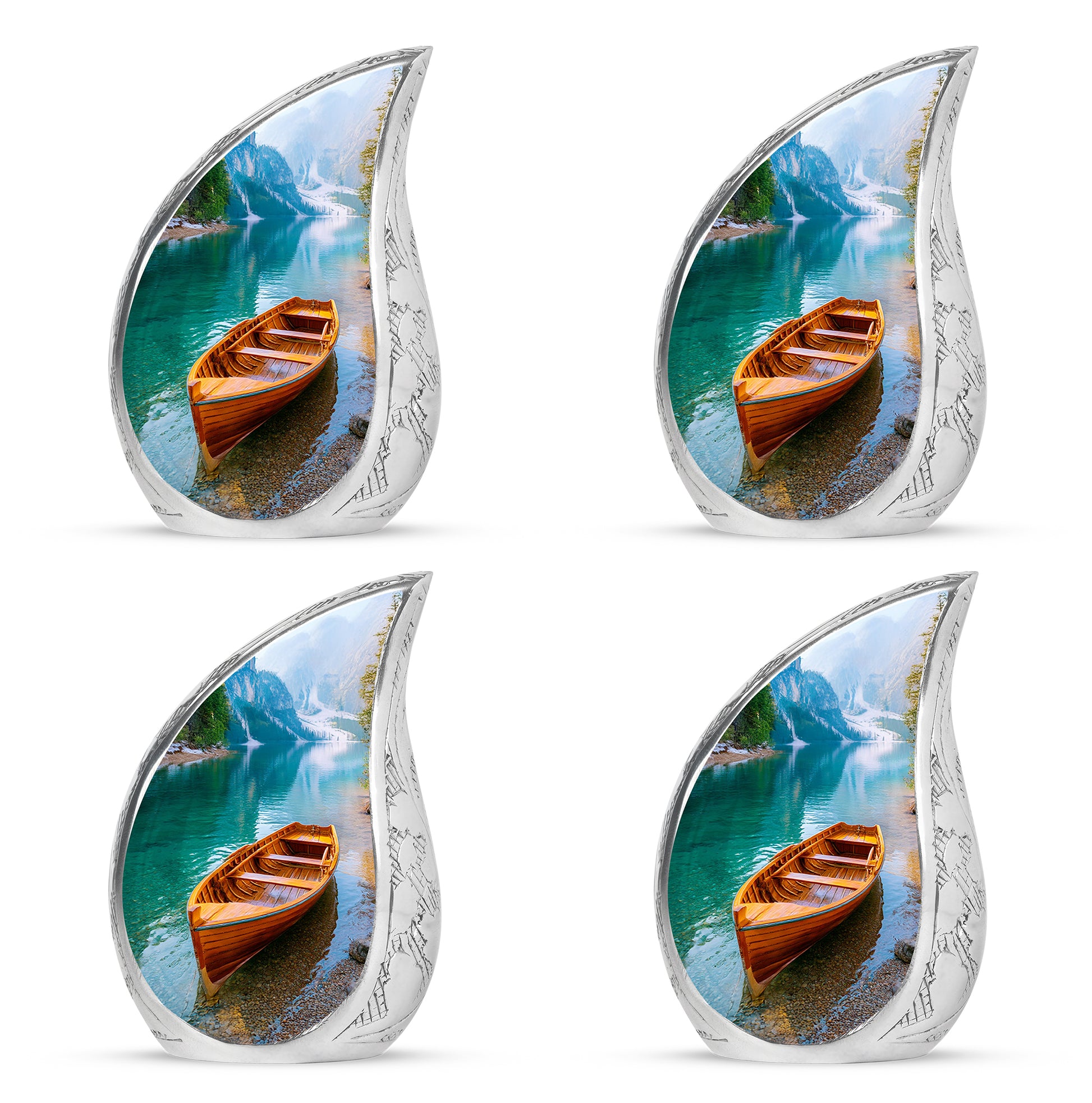 Soft Teal Boat Cremation Urn close-up of engraving and surface detail - flowing teardrop boat silhouette on curved aluminum - 10 inch aluminum urn for cremated remains