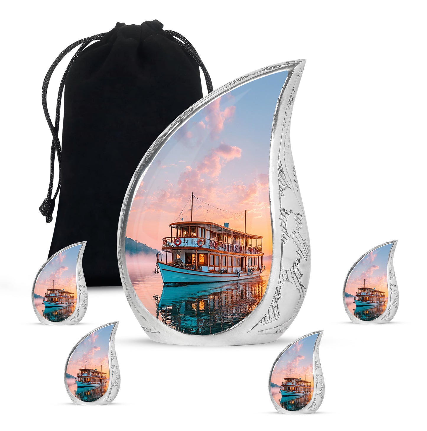 Wine Red Boat Cremation Urn side profile showing urn shape - rounded teardrop boat design with delicate detail - memorial set with one large and four small urns