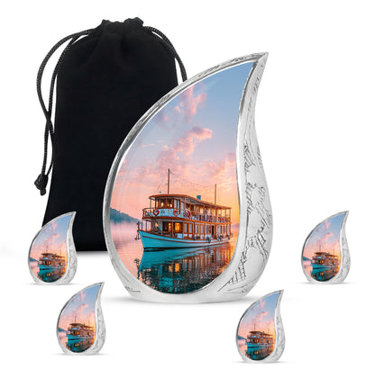 Wine Red Boat Cremation Urn side profile showing urn shape - rounded teardrop boat design with delicate detail - memorial set with one large and four small urns