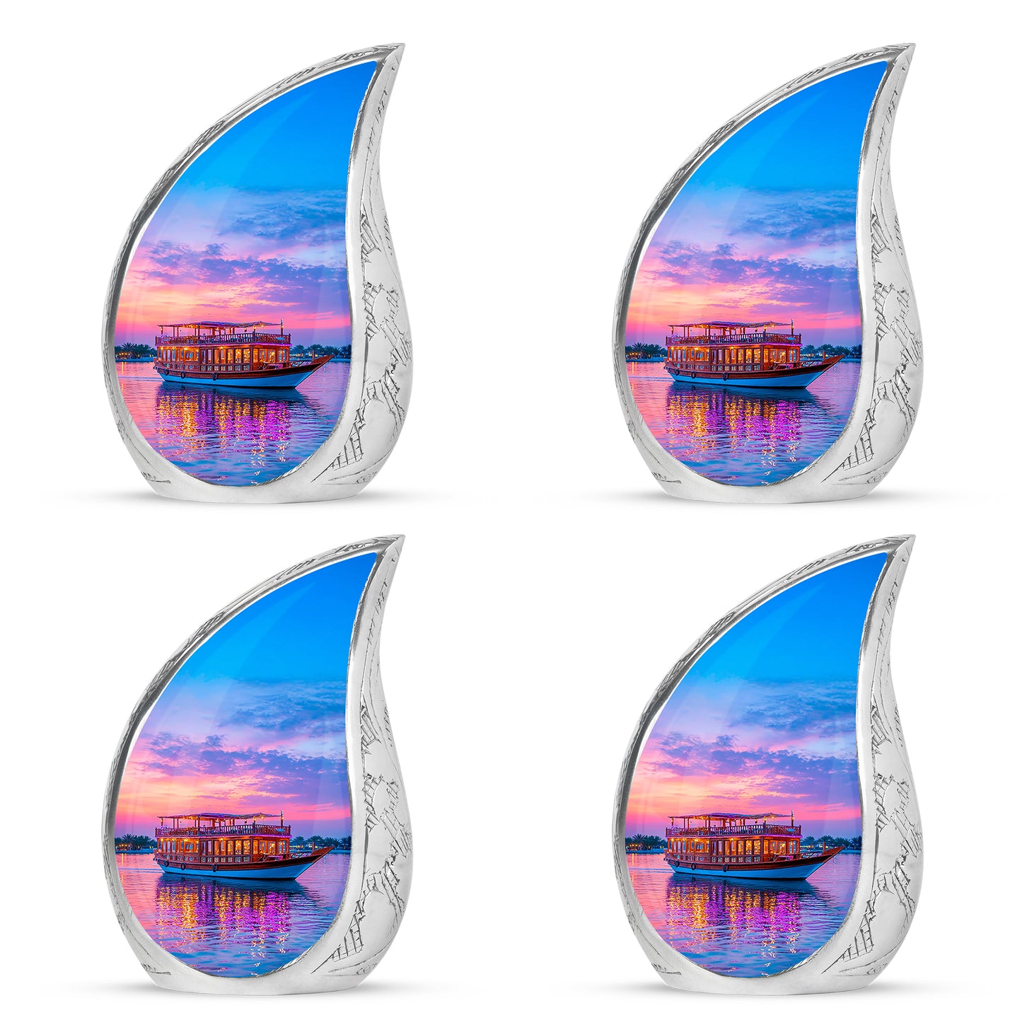 Cobalt Blue Boat Cremation Urn close-up of engraving and surface detail - smooth teardrop contour featuring boat art - 10 inch aluminum urn for cremated remains