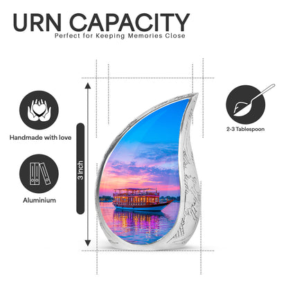 Indigo Boat Cremation Urn angled view of lid and engraved motif - rounded teardrop boat design with delicate detail - mini keepsake memorial for portion of cremation ashes