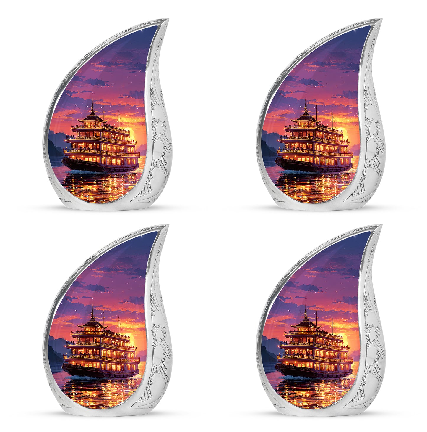 Twilight Purple Boat Cremation Urn close-up of engraving and surface detail - smooth teardrop contour featuring boat art - 10 inch aluminum urn for cremated remains