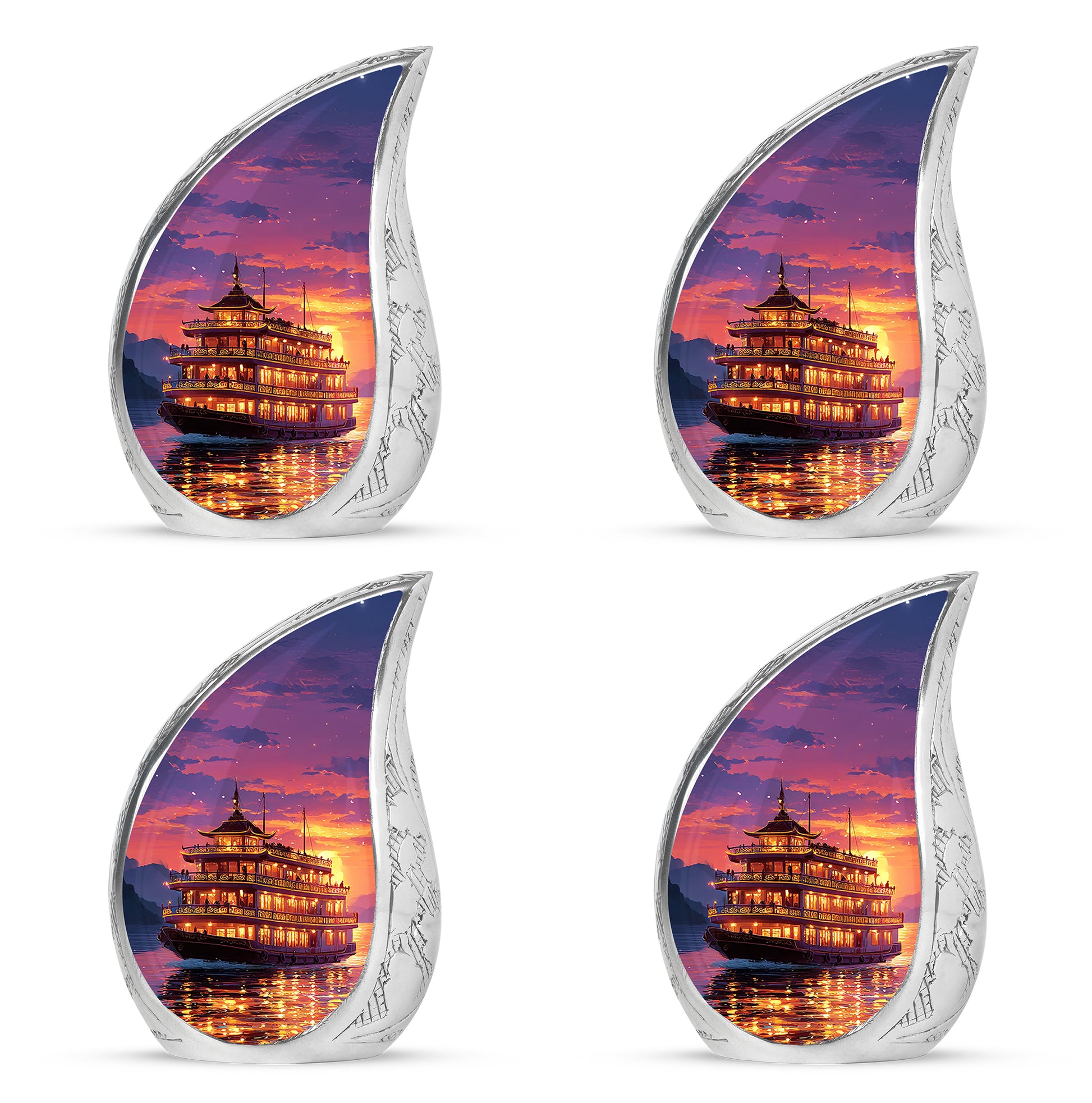 Twilight Purple Boat Cremation Urn close-up of engraving and surface detail - smooth teardrop contour featuring boat art - 10 inch aluminum urn for cremated remains