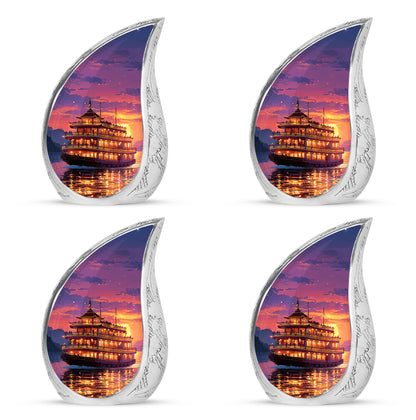 Twilight Purple Boat Cremation Urn close-up of engraving and surface detail - smooth teardrop contour featuring boat art - 10 inch aluminum urn for cremated remains