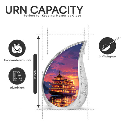 Orchid Purple Boat Cremation Urn angled view of lid and engraved motif - flowing teardrop boat silhouette on curved aluminum - mini keepsake memorial for portion of cremation ashes