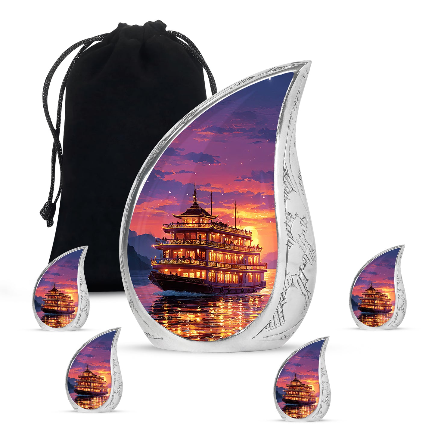 Twilight Purple Boat Cremation Urn side profile showing urn shape - graceful tear-shaped urn with boat motif - memorial set with one large and four small urns