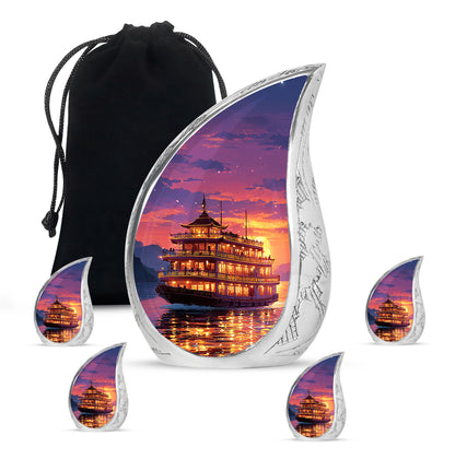 Twilight Purple Boat Cremation Urn side profile showing urn shape - graceful tear-shaped urn with boat motif - memorial set with one large and four small urns