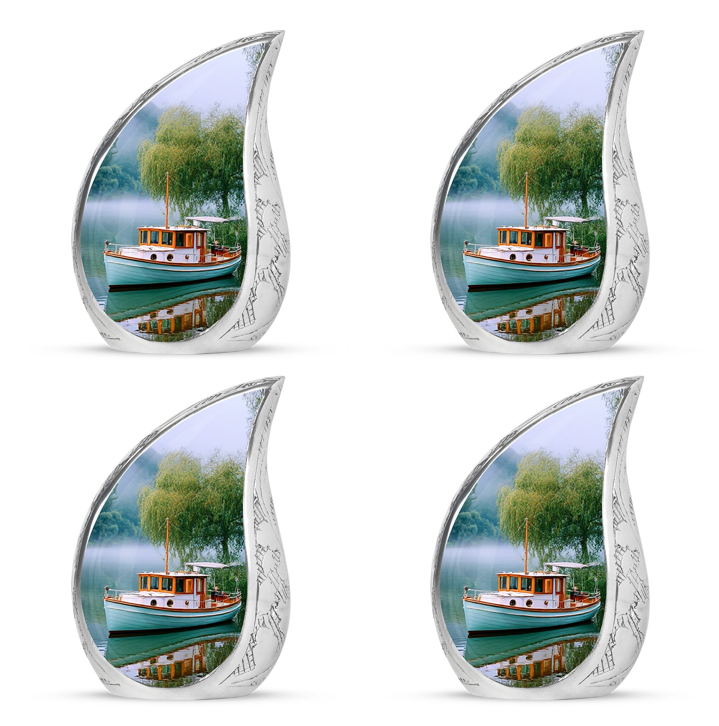 Vivid Teal Boat Cremation Urn close-up of engraving and surface detail - smooth teardrop contour featuring boat art - 10 inch aluminum urn for cremated remains