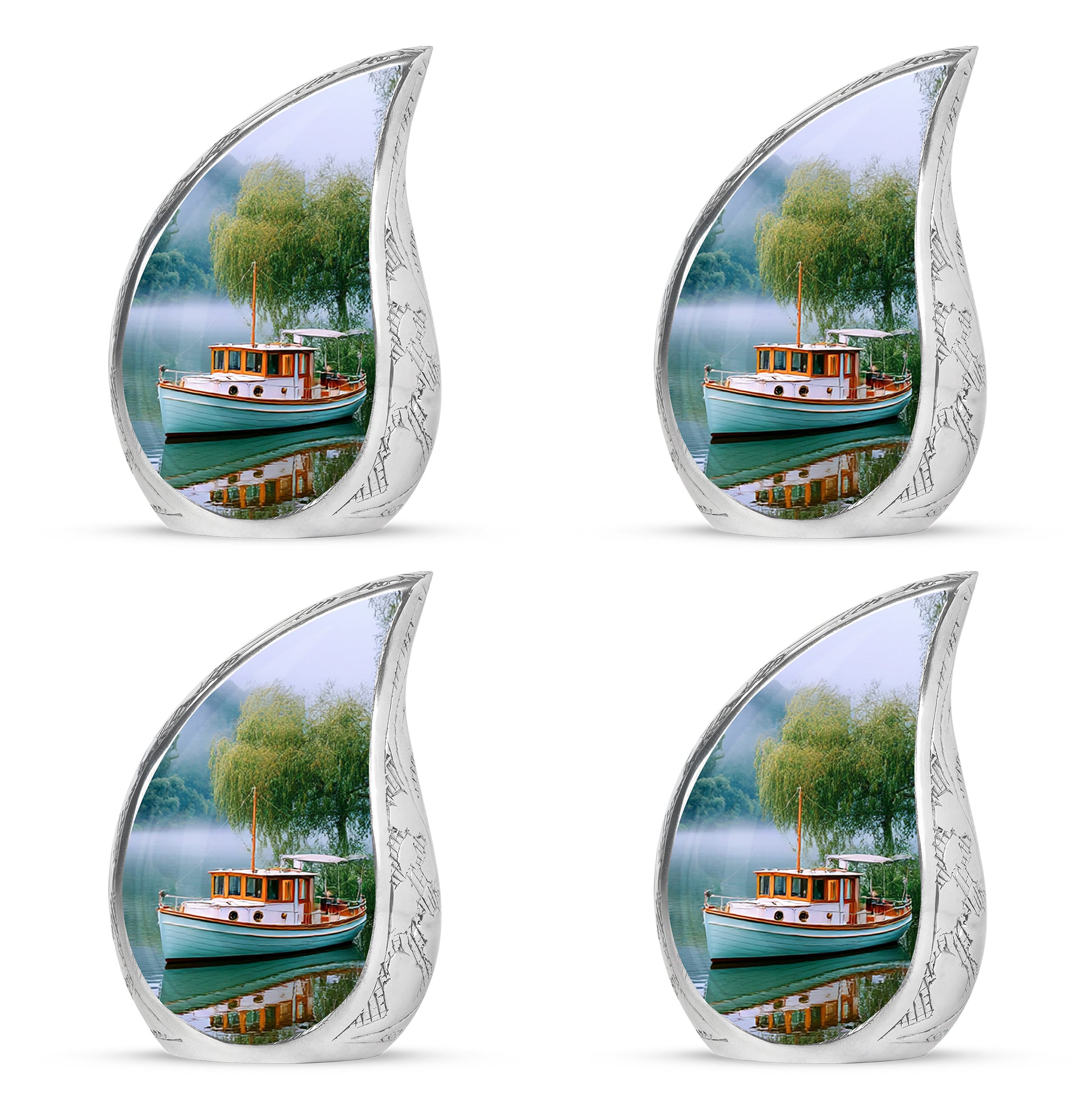 Vivid Teal Boat Cremation Urn close-up of engraving and surface detail - smooth teardrop contour featuring boat art - 10 inch aluminum urn for cremated remains