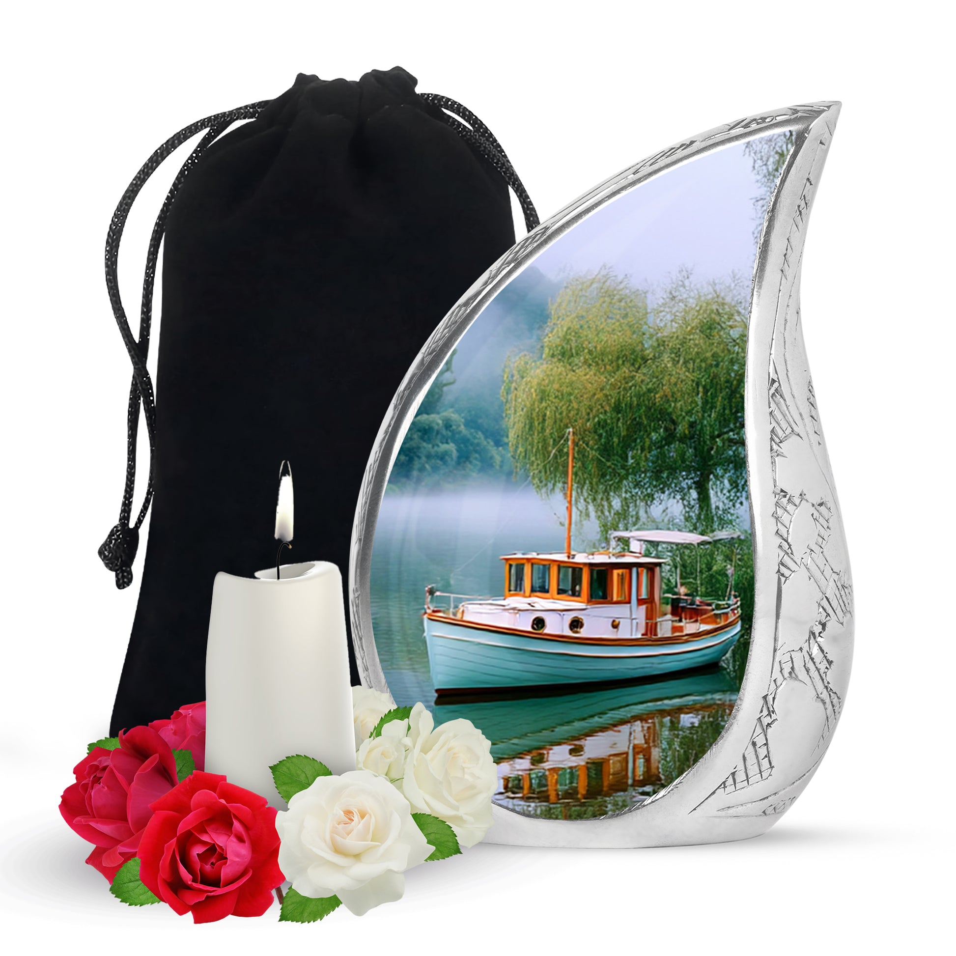 Deep Teal Boat Cremation Urn front view showing detailed design - smooth teardrop contour featuring boat art - full-size 10 inch 200 cubic inch adult cremation urn