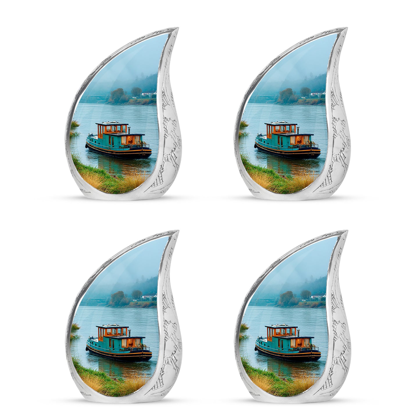 Deep Teal Boat Cremation Urn close-up of engraving and surface detail - smooth teardrop contour featuring boat art - 10 inch aluminum urn for cremated remains