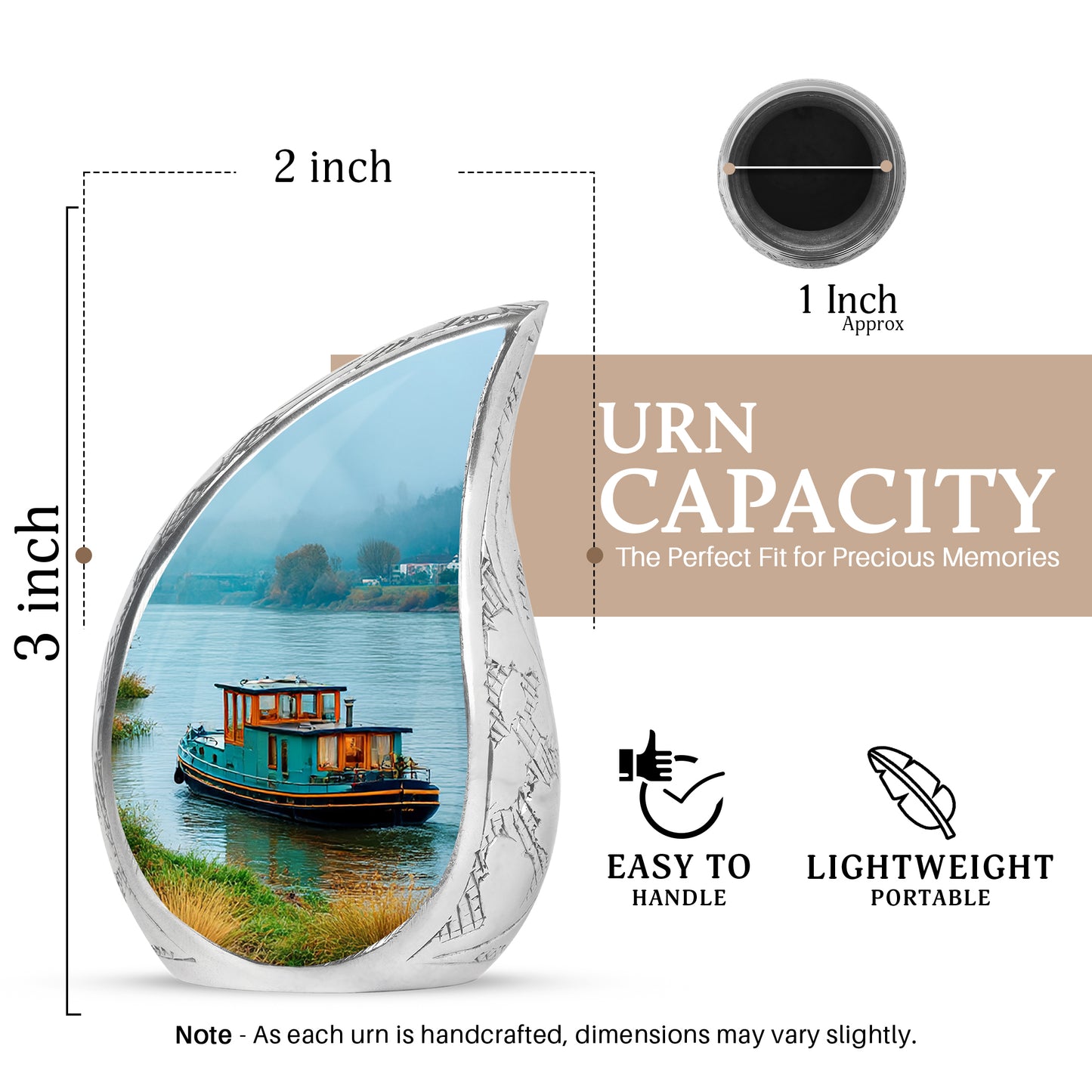 Jewel Teal Boat Cremation Urn angled view of lid and engraved motif - flowing teardrop boat silhouette on curved aluminum - mini keepsake memorial for portion of cremation ashes