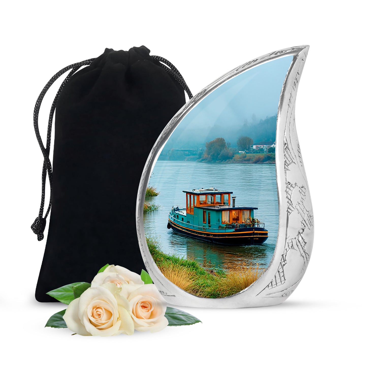 Mystic Teal Boat Cremation Urn front view showing detailed design - smooth teardrop contour featuring boat art - full-size 10 inch 200 cubic inch adult cremation urn