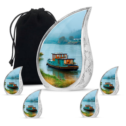 Ocean Teal Boat Cremation Urn side profile showing urn shape - flowing teardrop boat silhouette on curved aluminum - memorial set with one large and four small urns