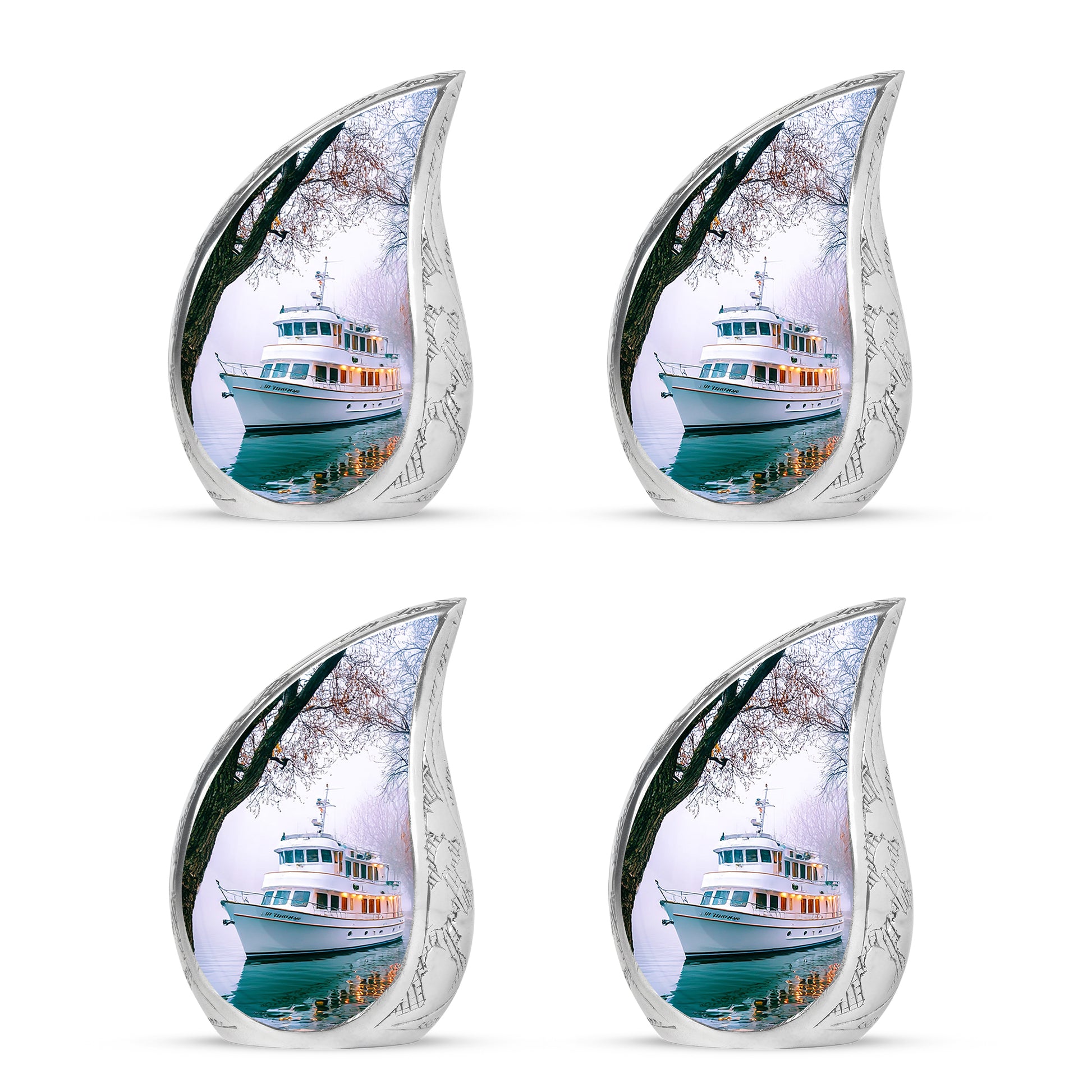 Ivory White Boat Cremation Urn close-up of engraving and surface detail - rounded teardrop boat design with delicate detail - 10 inch aluminum urn for cremated remains