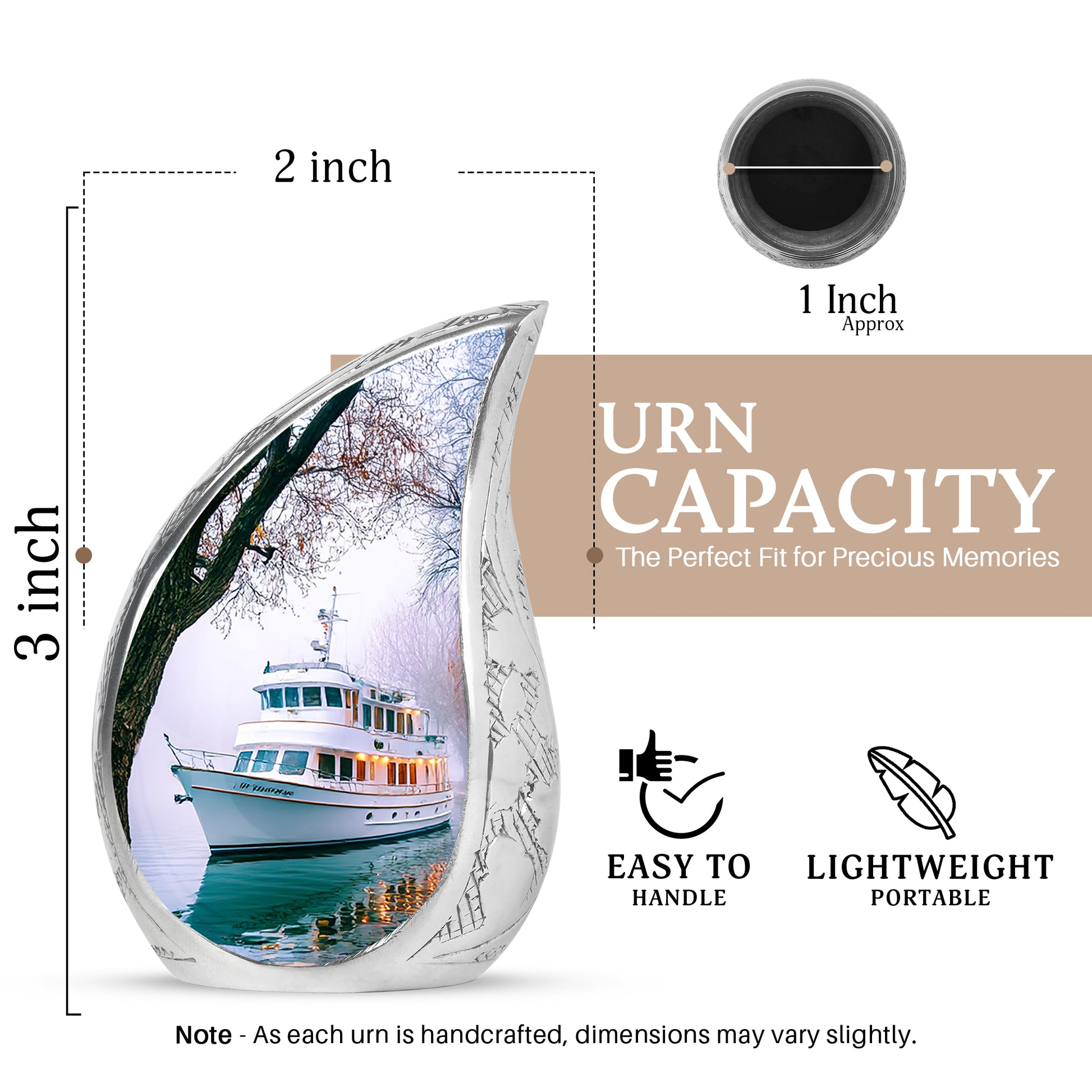 Cloud White Boat Cremation Urn angled view of lid and engraved motif - smooth teardrop contour featuring boat art - mini keepsake memorial for portion of cremation ashes