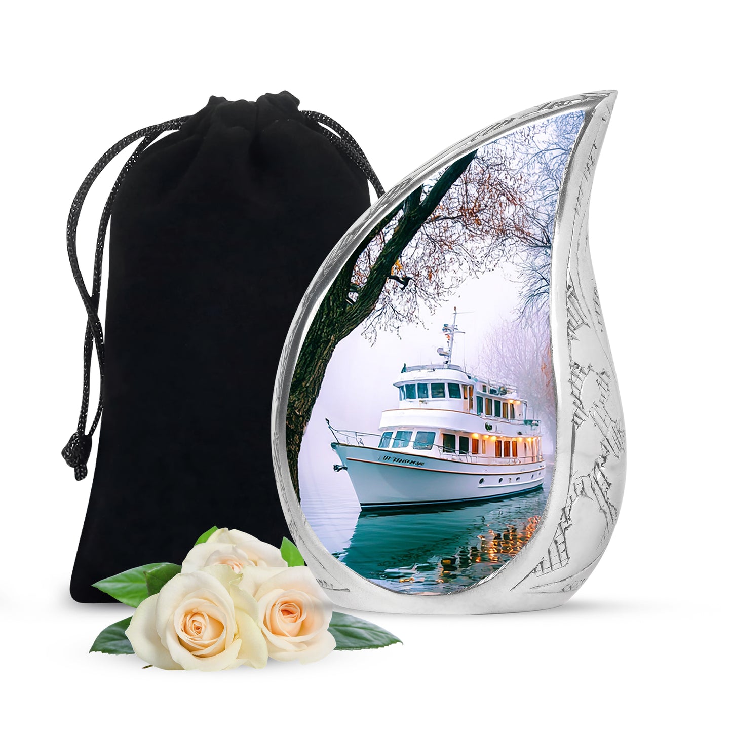 Porcelain White Boat Cremation Urn front view showing detailed design - graceful tear-shaped urn with boat motif - full-size 10 inch 200 cubic inch adult cremation urn
