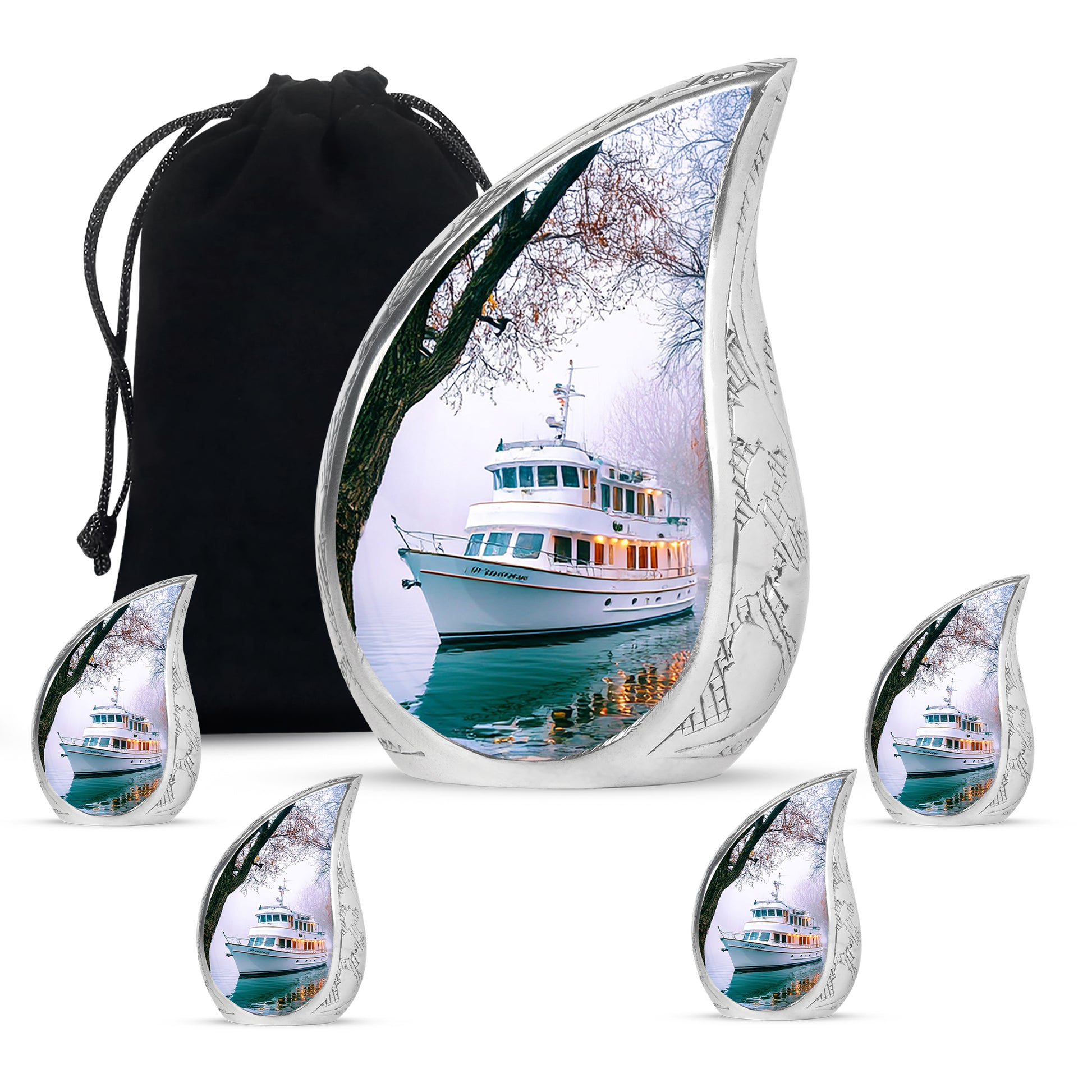 Pearl White Boat Cremation Urn side profile showing urn shape - graceful tear-shaped urn with boat motif - memorial set with one large and four small urns