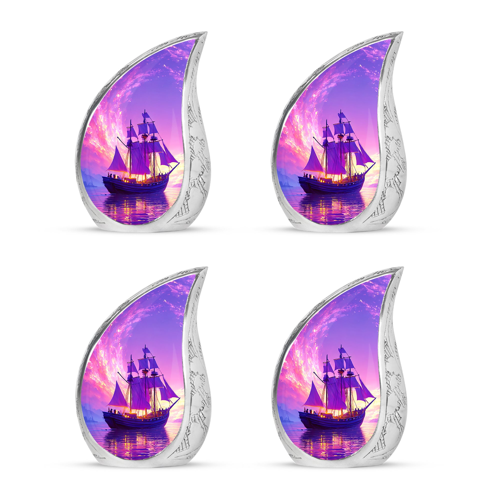 Royal Purple Boat Cremation Urn close-up of engraving and surface detail - smooth teardrop contour featuring boat art - 10 inch aluminum urn for cremated remains