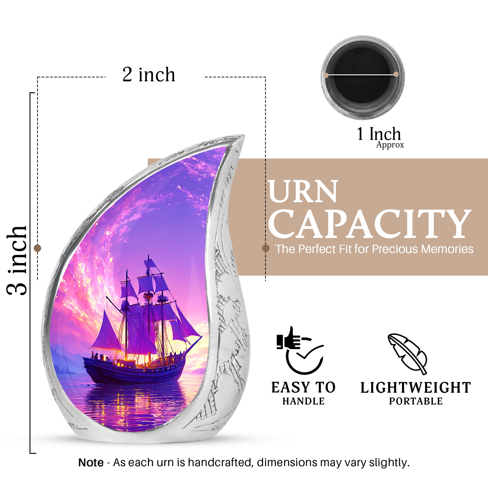 Amethyst Purple Boat Cremation Urn angled view of lid and engraved motif - flowing teardrop boat silhouette on curved aluminum - mini keepsake memorial for portion of cremation ashes