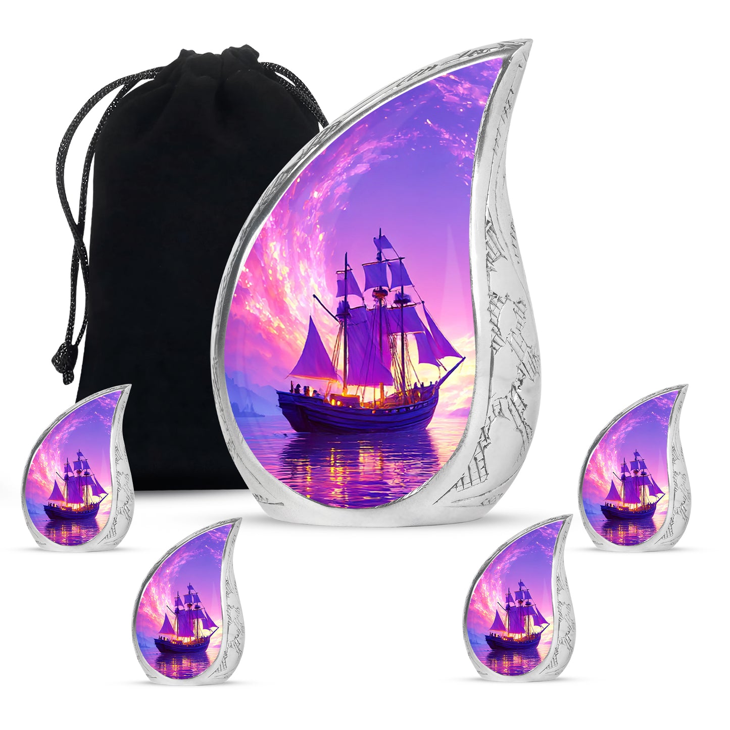 Lavender Purple Boat Cremation Urn side profile showing urn shape - graceful tear-shaped urn with boat motif - memorial set with one large and four small urns