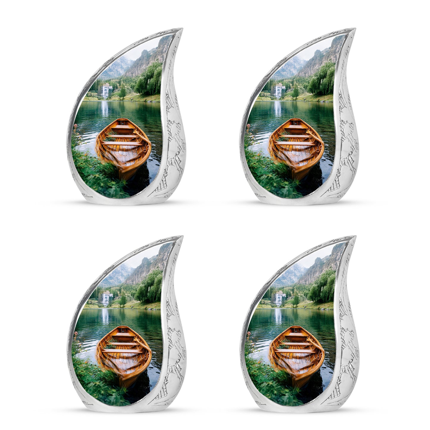 Verdant Green Boat Cremation Urn close-up of engraving and surface detail - flowing teardrop boat silhouette on curved aluminum - 10 inch aluminum urn for cremated remains