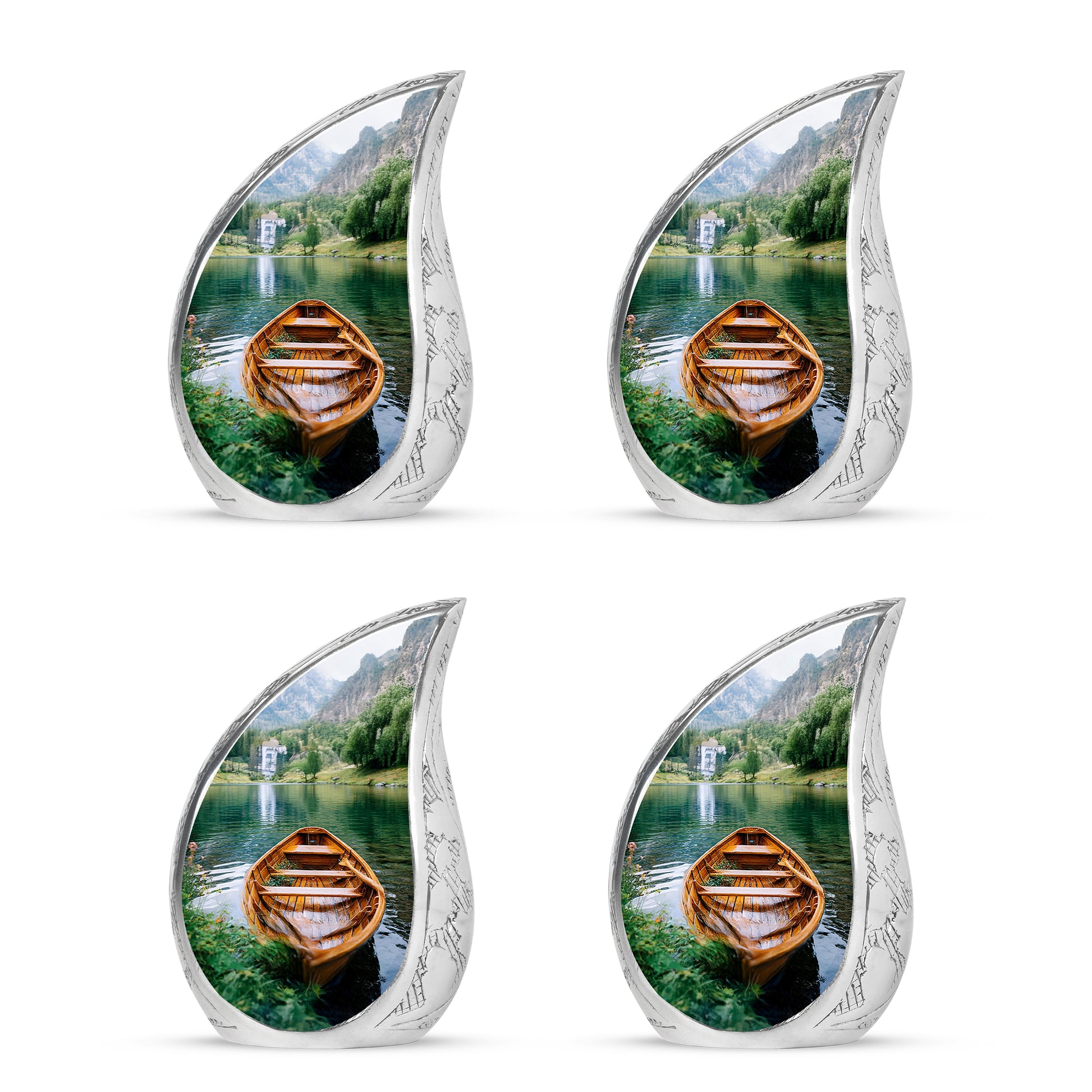 Verdant Green Boat Cremation Urn close-up of engraving and surface detail - flowing teardrop boat silhouette on curved aluminum - 10 inch aluminum urn for cremated remains
