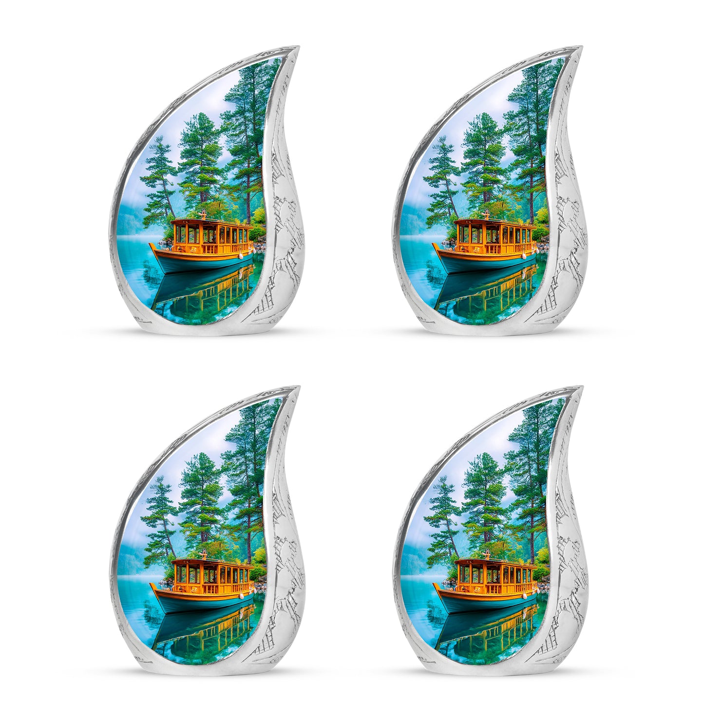 Deep Teal Boat Cremation Urn close-up of engraving and surface detail - graceful tear-shaped urn with boat motif - 10 inch aluminum urn for cremated remains