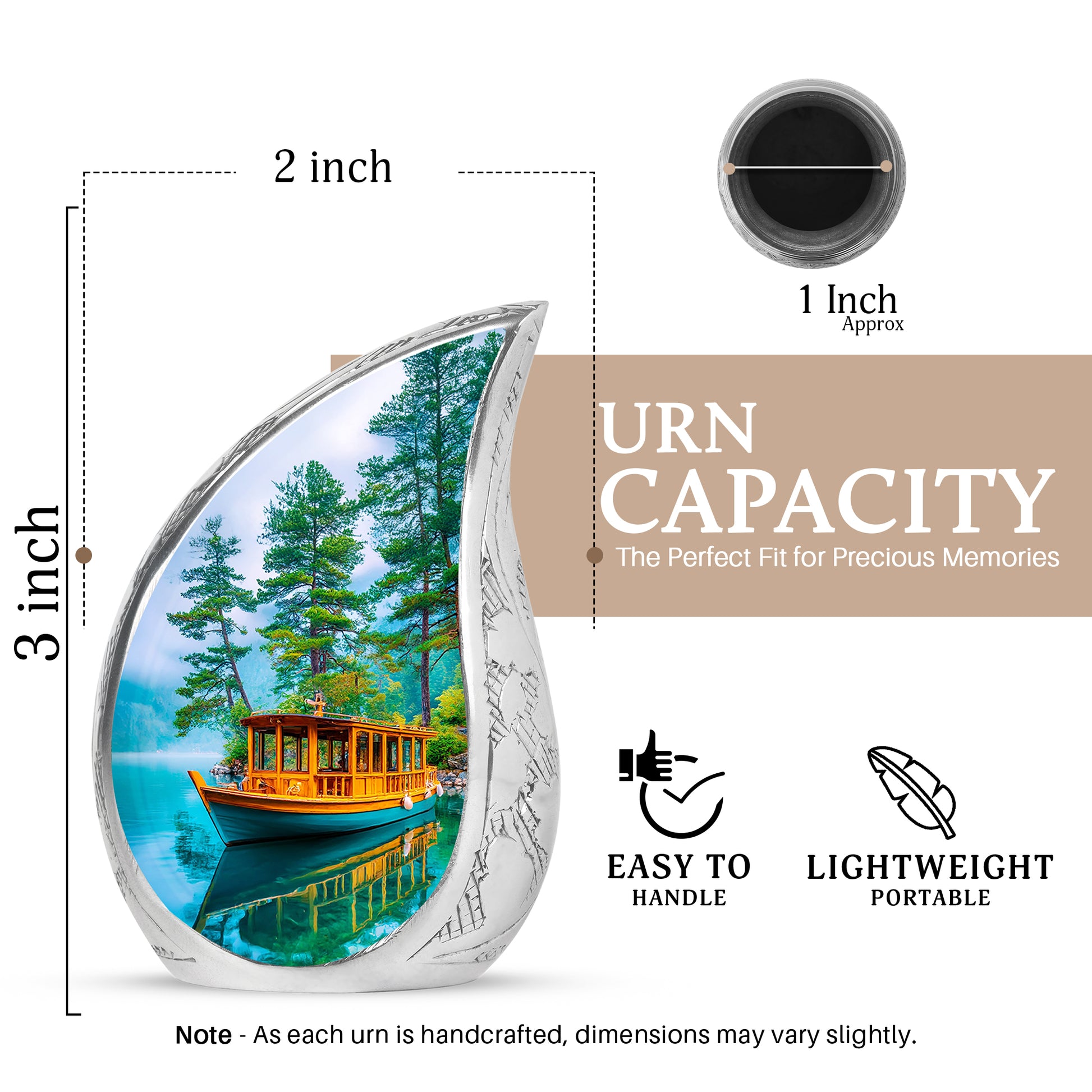 Jewel Teal Boat Cremation Urn angled view of lid and engraved motif - flowing teardrop boat silhouette on curved aluminum - mini keepsake memorial for portion of cremation ashes