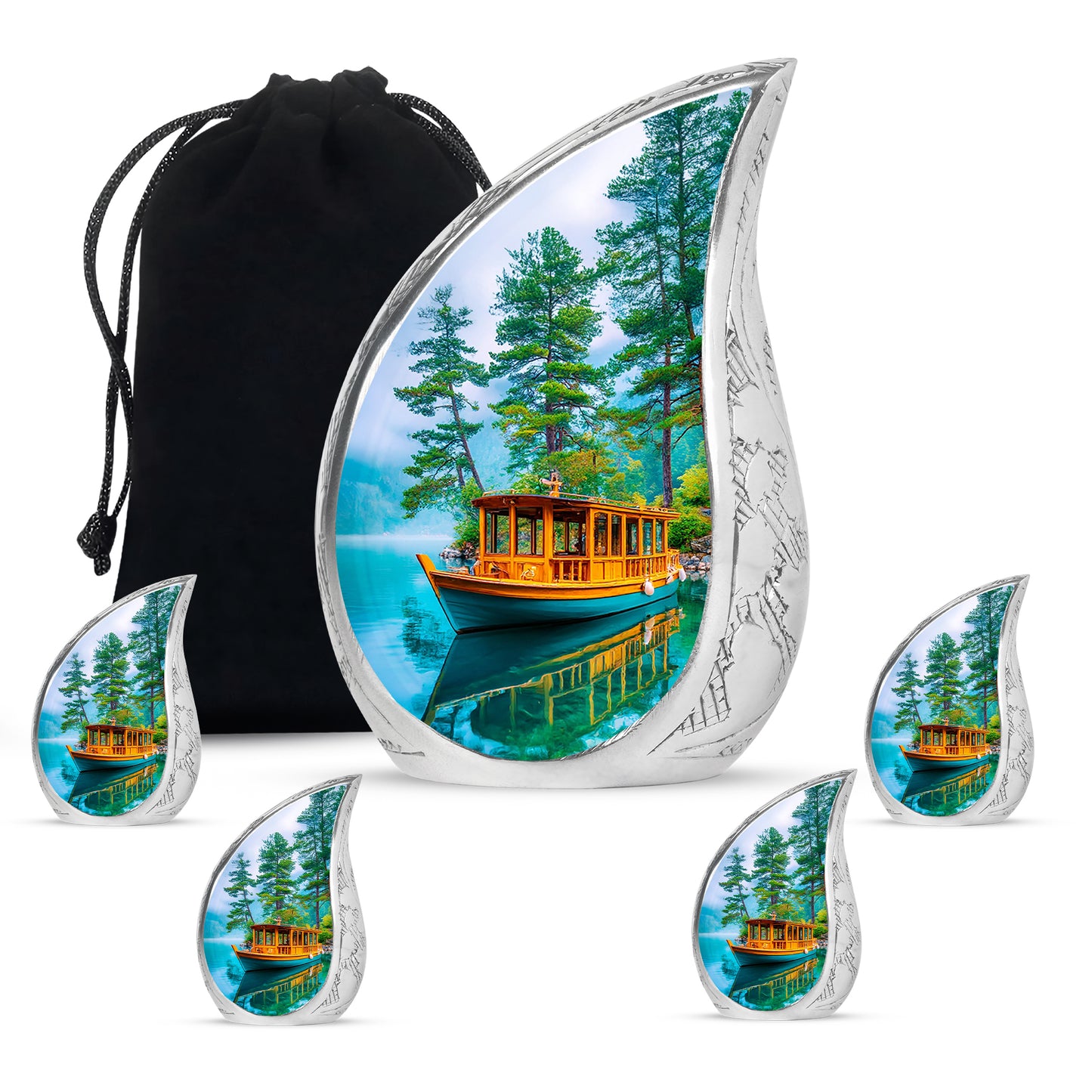 Cool Teal Boat Cremation Urn side profile showing urn shape - flowing teardrop boat silhouette on curved aluminum - memorial set with one large and four small urns