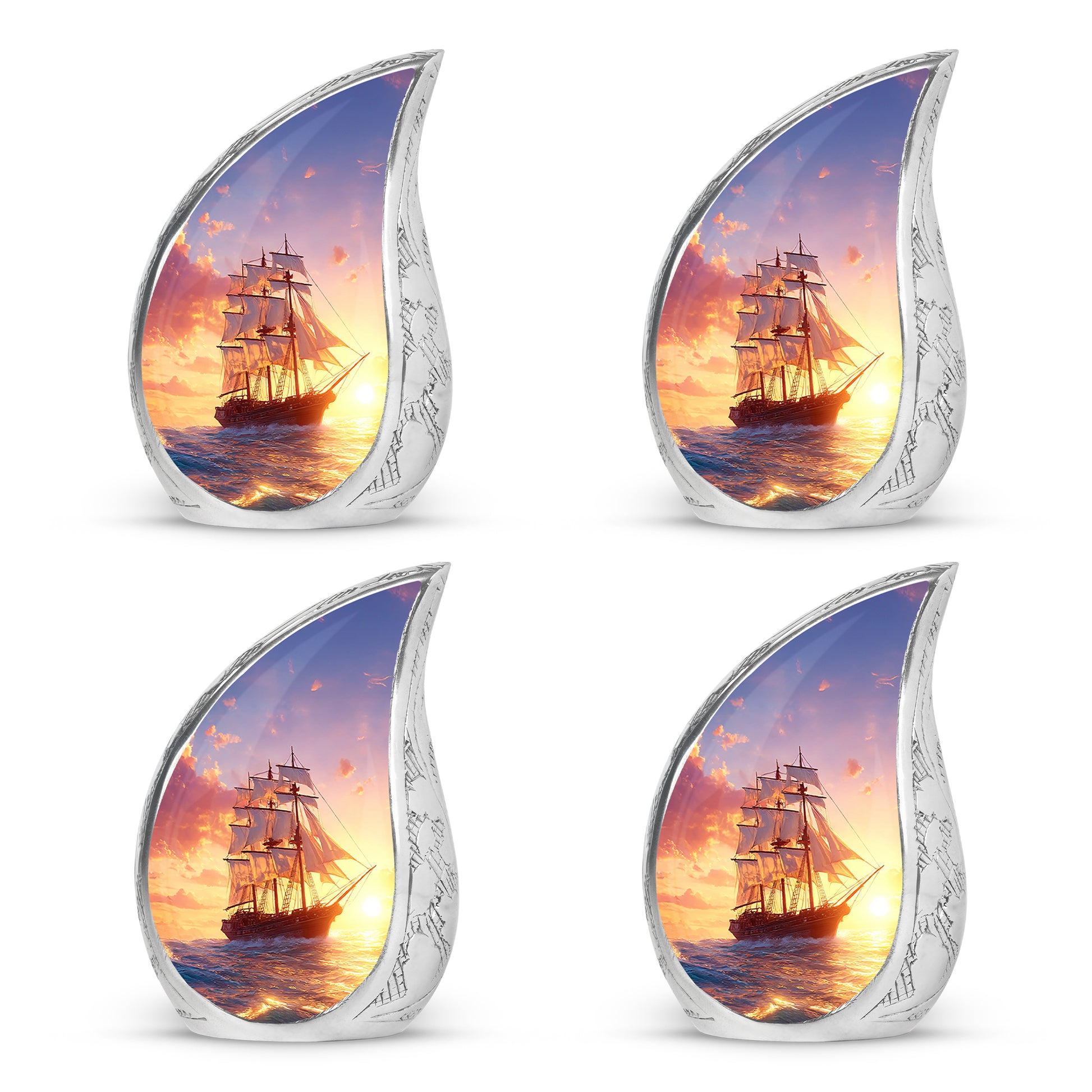 Slate Blue Boat Cremation Urn close-up of engraving and surface detail - rounded teardrop boat design with delicate detail - 10 inch aluminum urn for cremated remains