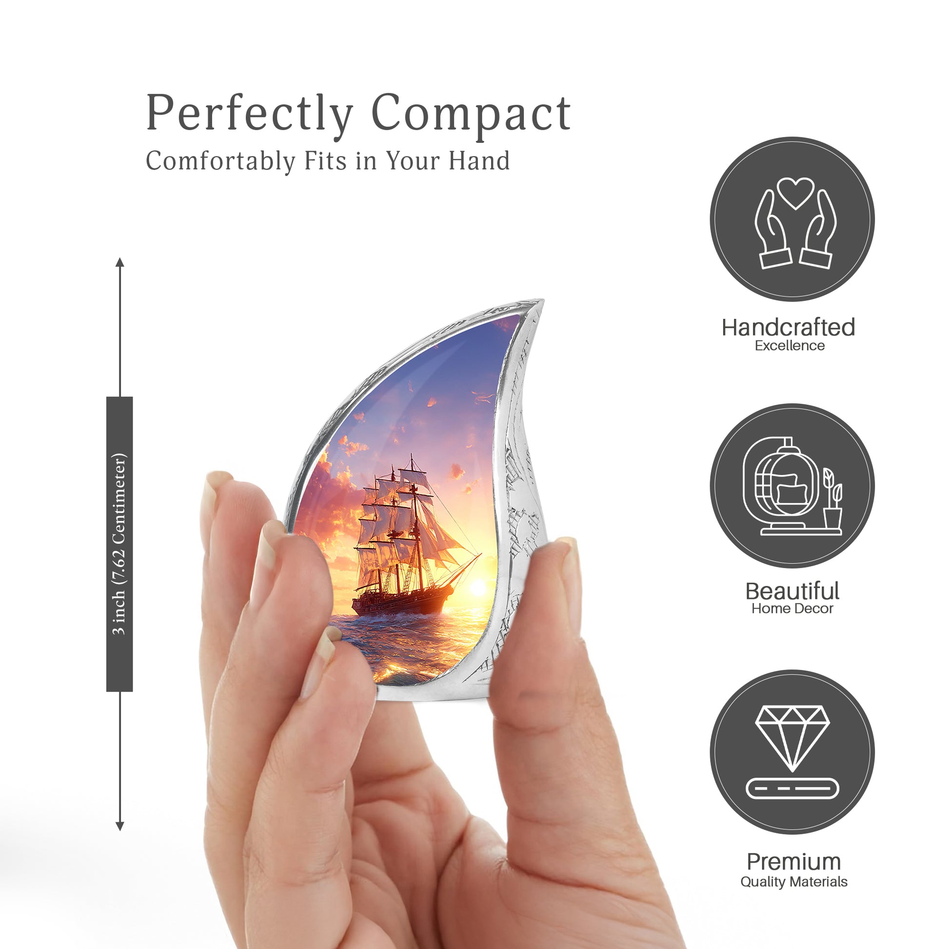 Sky Blue Boat Cremation Urn angled view of lid and engraved motif - rounded teardrop boat design with delicate detail - mini keepsake memorial for portion of cremation ashes