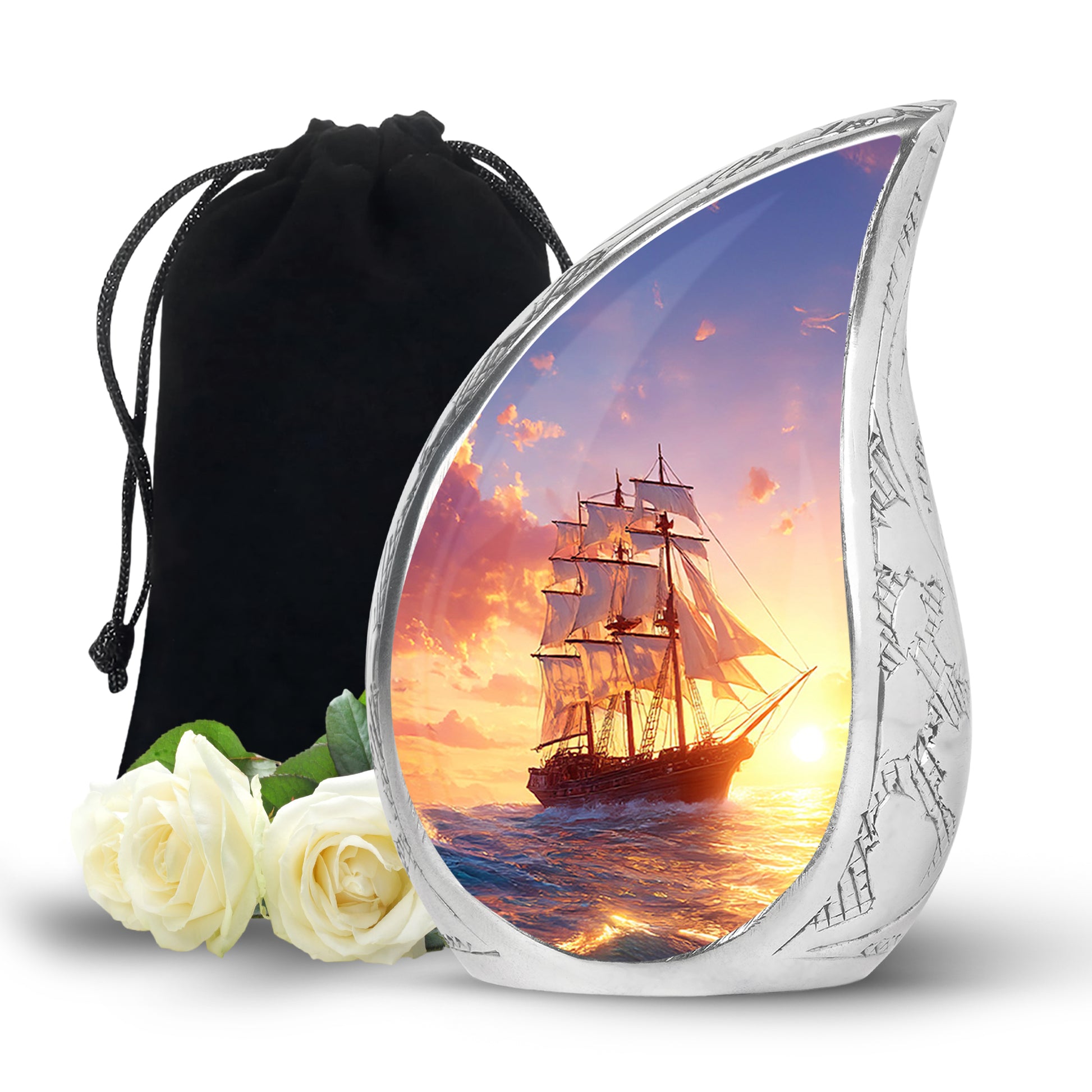 Vivid Blue Boat Cremation Urn front view showing detailed design - graceful tear-shaped urn with boat motif - full-size 10 inch 200 cubic inch adult cremation urn