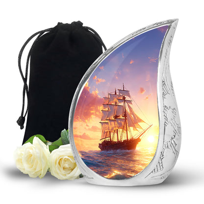 Vivid Blue Boat Cremation Urn front view showing detailed design - graceful tear-shaped urn with boat motif - full-size 10 inch 200 cubic inch adult cremation urn