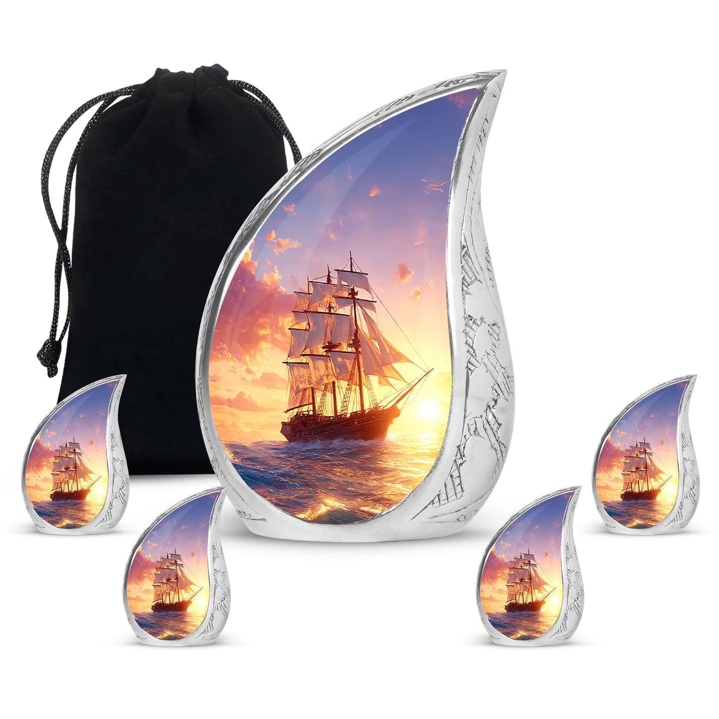 Steel Blue Boat Cremation Urn side profile showing urn shape - smooth teardrop contour featuring boat art - memorial set with one large and four small urns