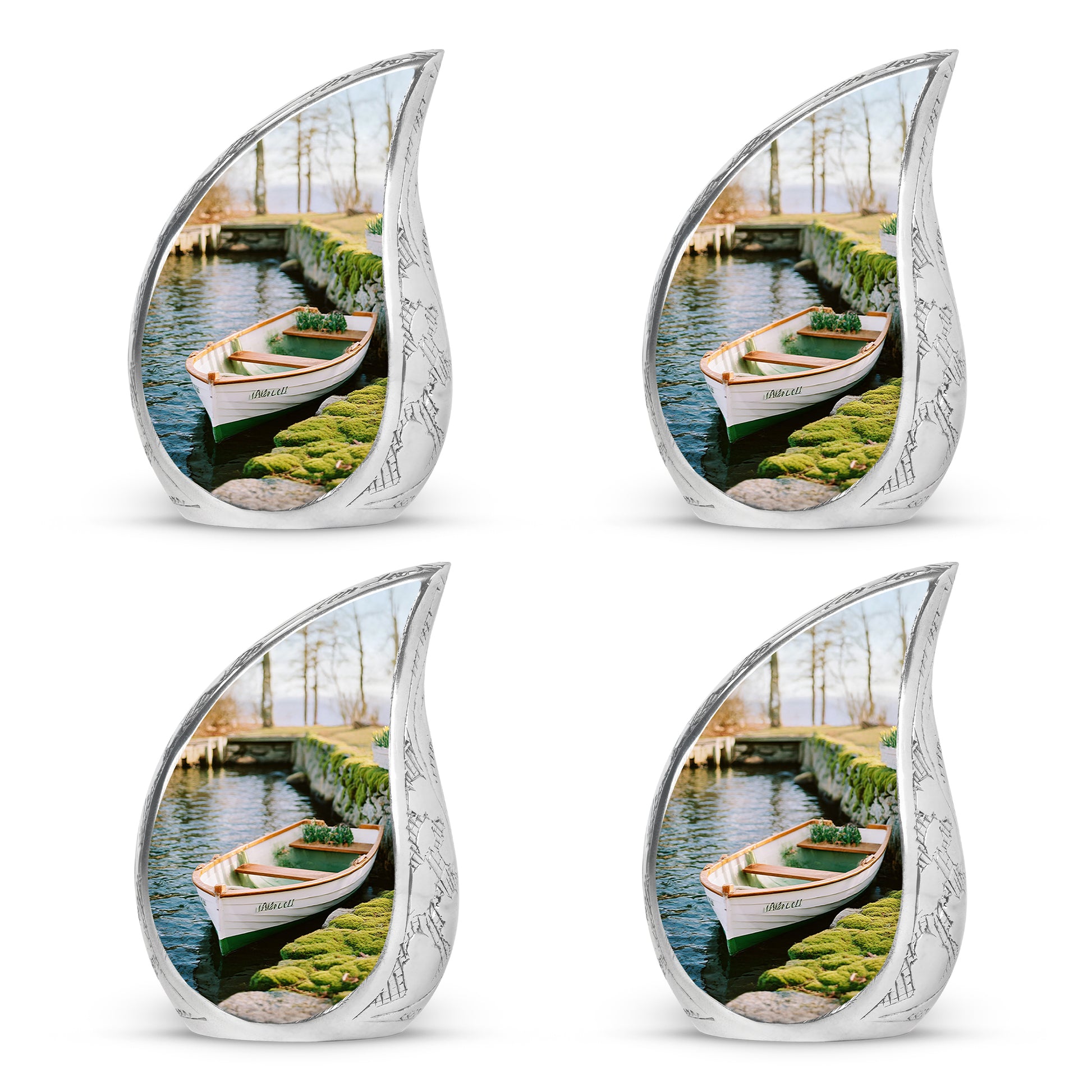 Marigold Yellow Boat Cremation Urn close-up of engraving and surface detail - smooth teardrop contour featuring boat art - 10 inch aluminum urn for cremated remains