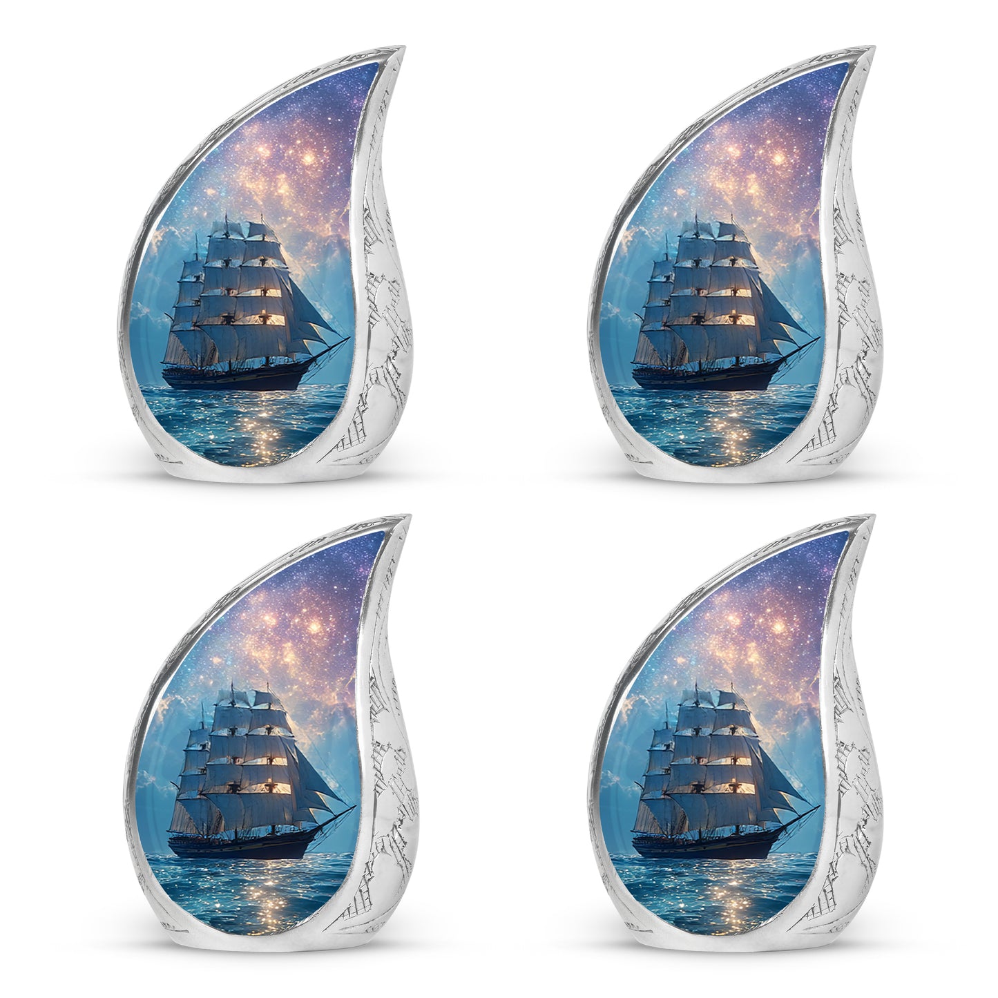 Royal Blue Boat Cremation Urn close-up of engraving and surface detail - smooth teardrop contour featuring boat art - 10 inch aluminum urn for cremated remains