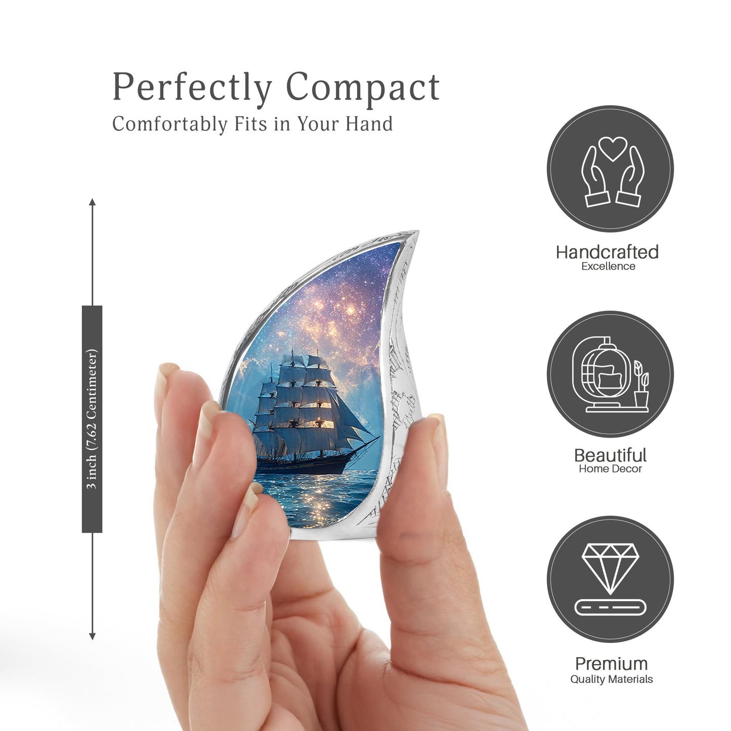 Cobalt Blue Boat Cremation Urn angled view of lid and engraved motif - smooth teardrop contour featuring boat art - mini keepsake memorial for portion of cremation ashes
