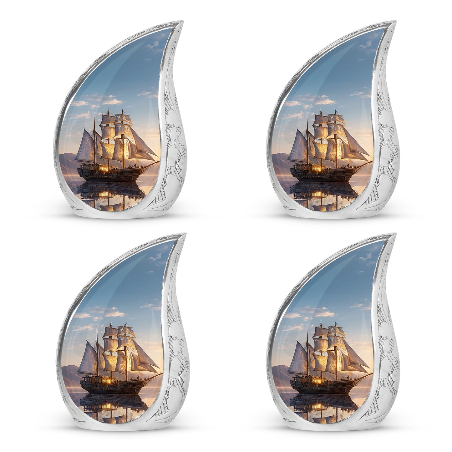 Calming Blue Boat Cremation Urn close-up of engraving and surface detail - smooth teardrop contour featuring boat art - 10 inch aluminum urn for cremated remains