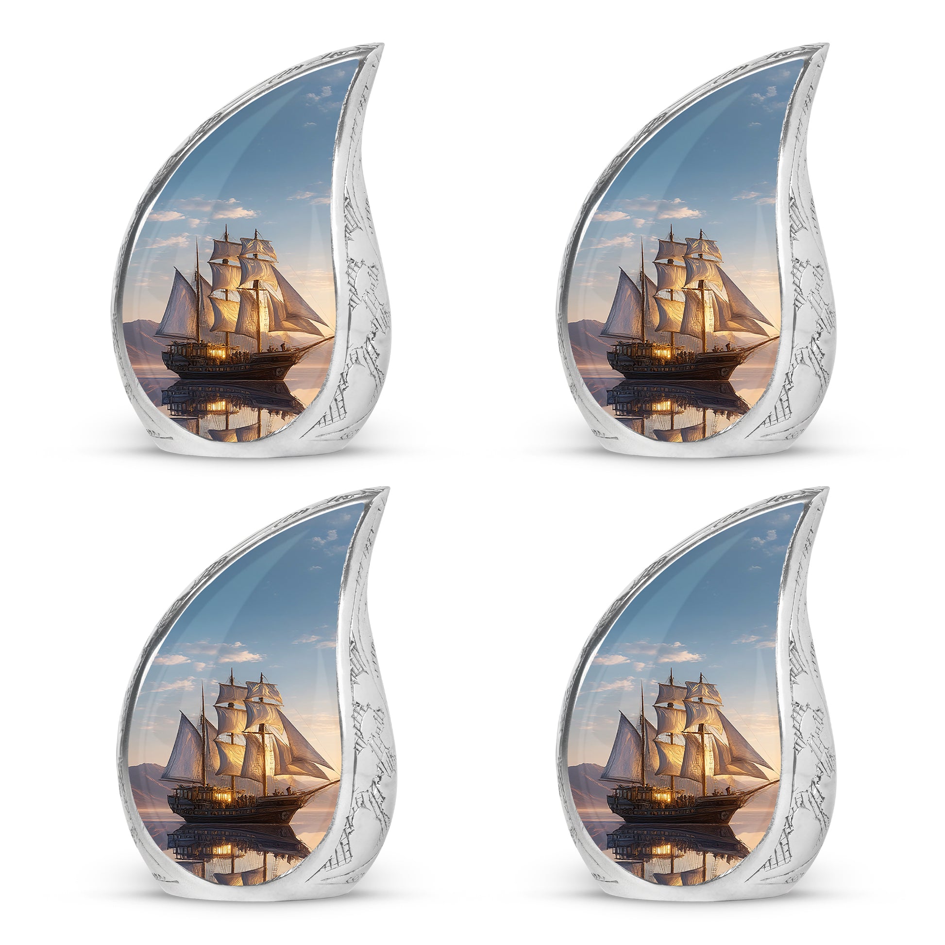 Calming Blue Boat Cremation Urn close-up of engraving and surface detail - smooth teardrop contour featuring boat art - 10 inch aluminum urn for cremated remains