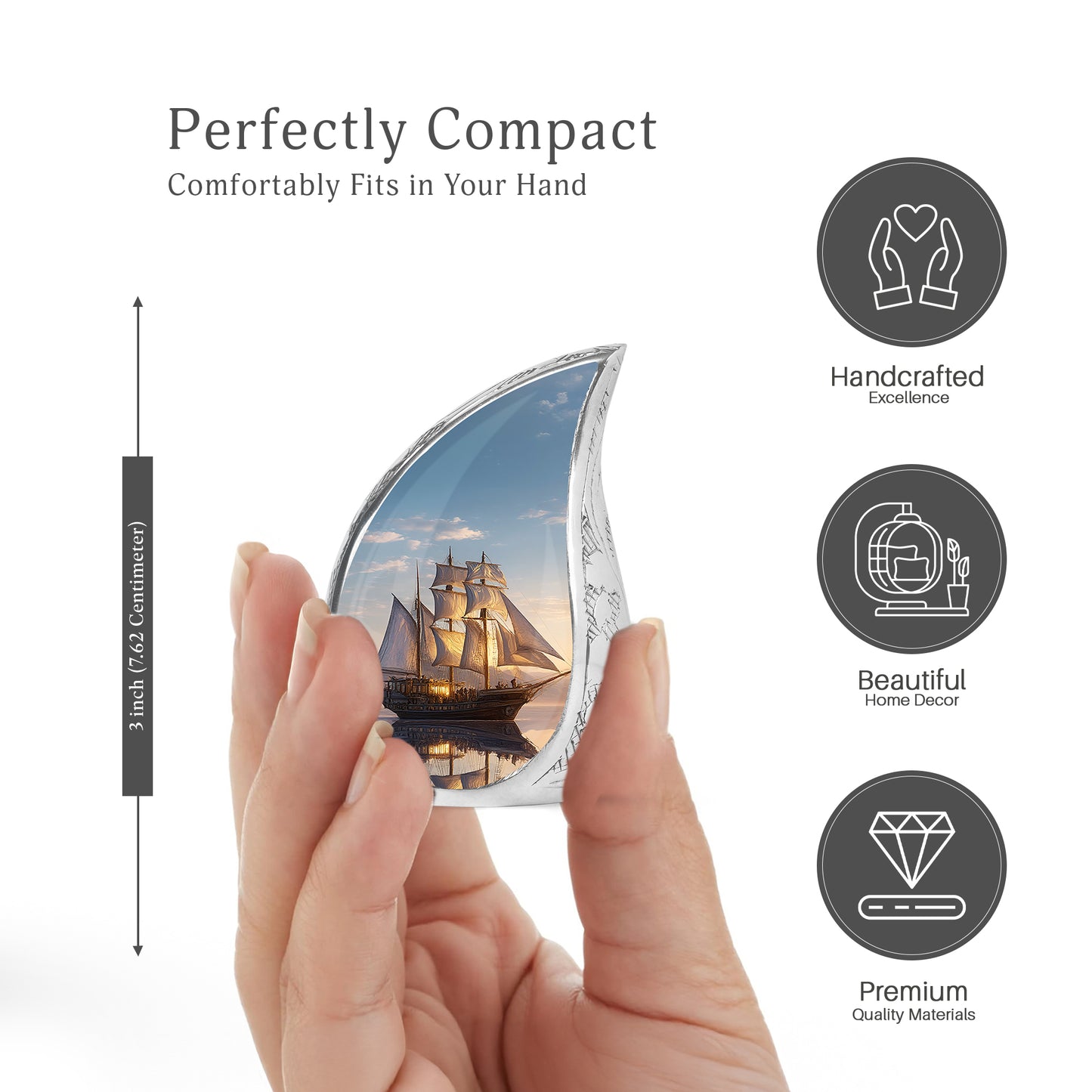 Royal Blue Boat Cremation Urn angled view of lid and engraved motif - smooth teardrop contour featuring boat art - mini keepsake memorial for portion of cremation ashes
