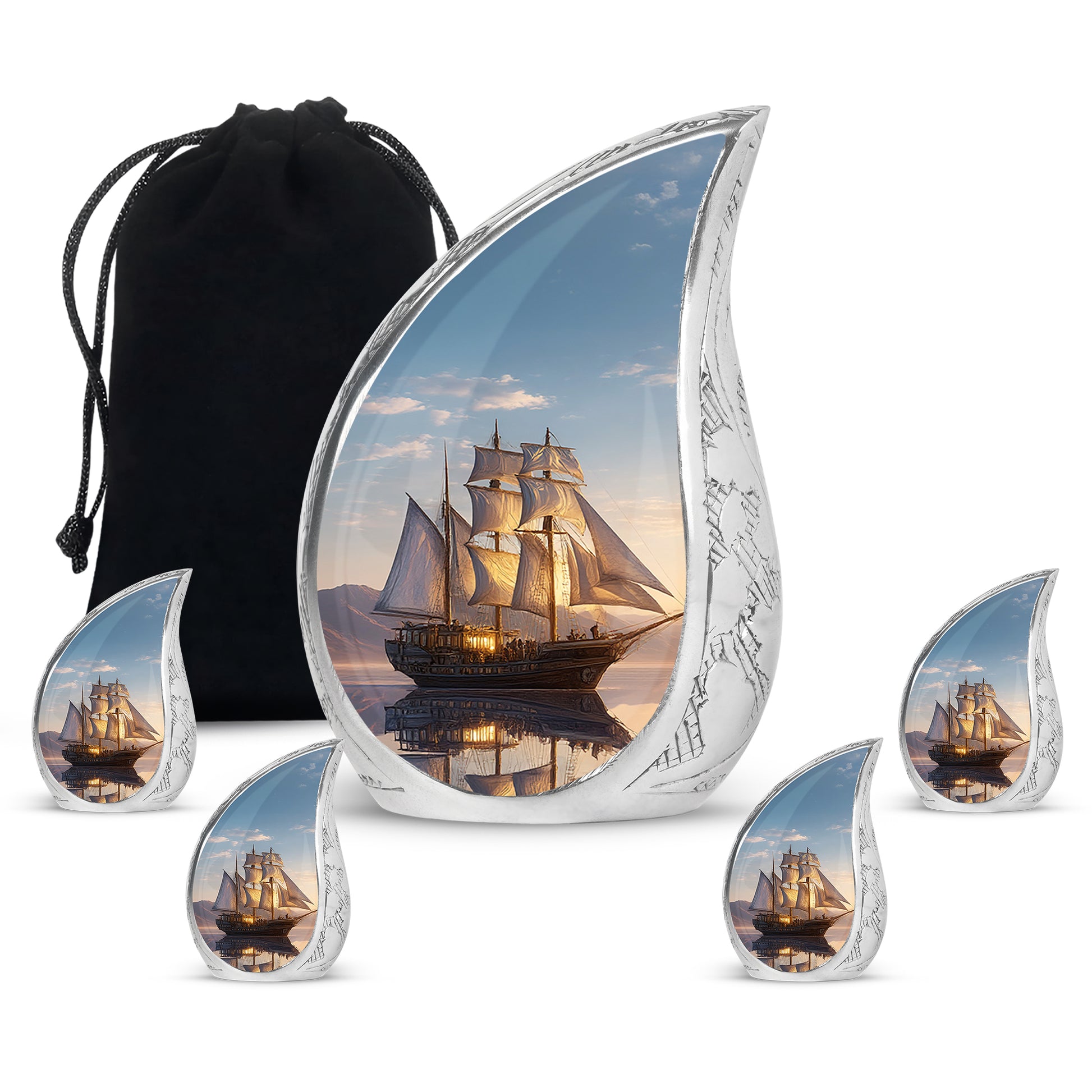 Pastel Blue Boat Cremation Urn side profile showing urn shape - flowing teardrop boat silhouette on curved aluminum - memorial set with one large and four small urns