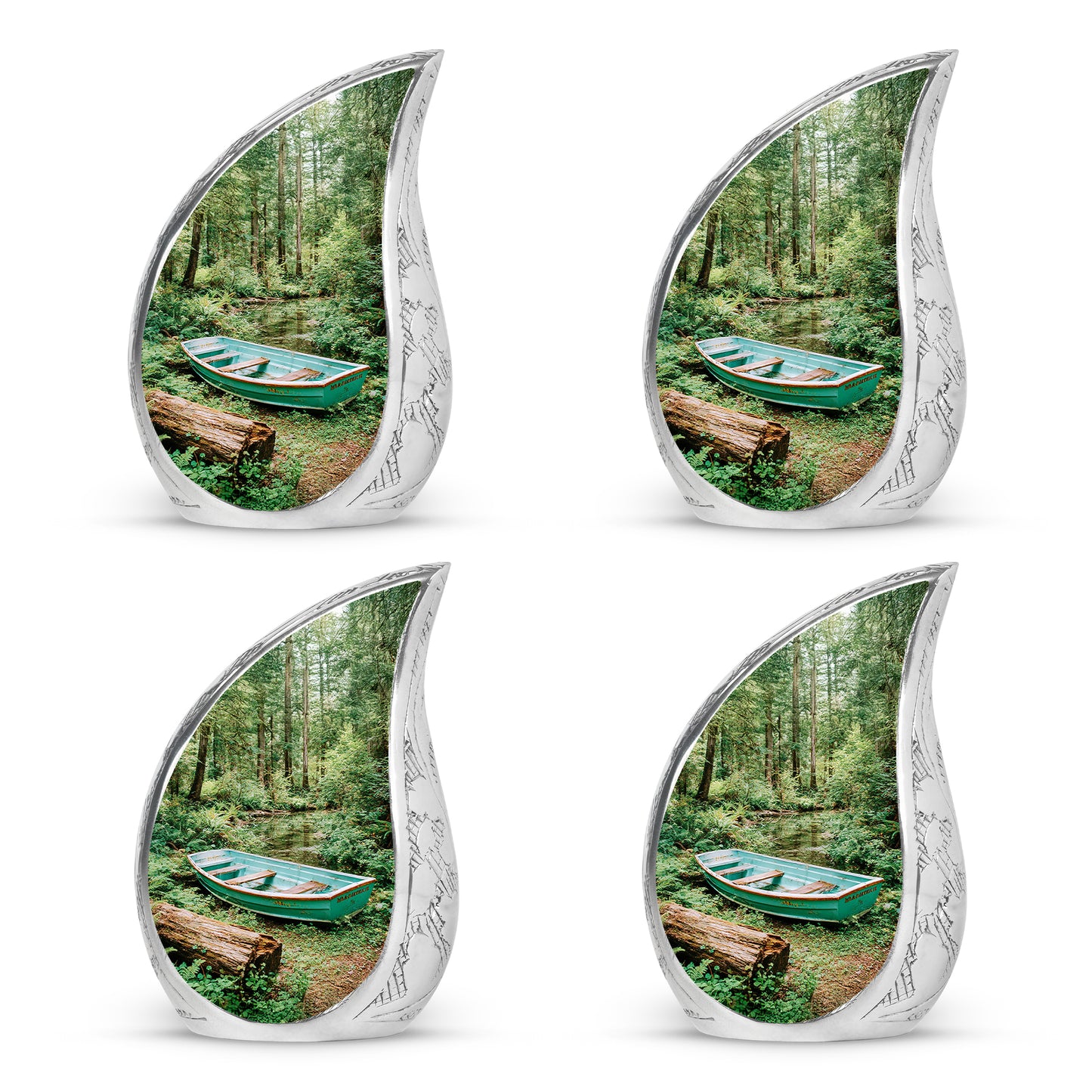 Emerald Green Boat Cremation Urn close-up of engraving and surface detail - flowing teardrop boat silhouette on curved aluminum - 10 inch aluminum urn for cremated remains