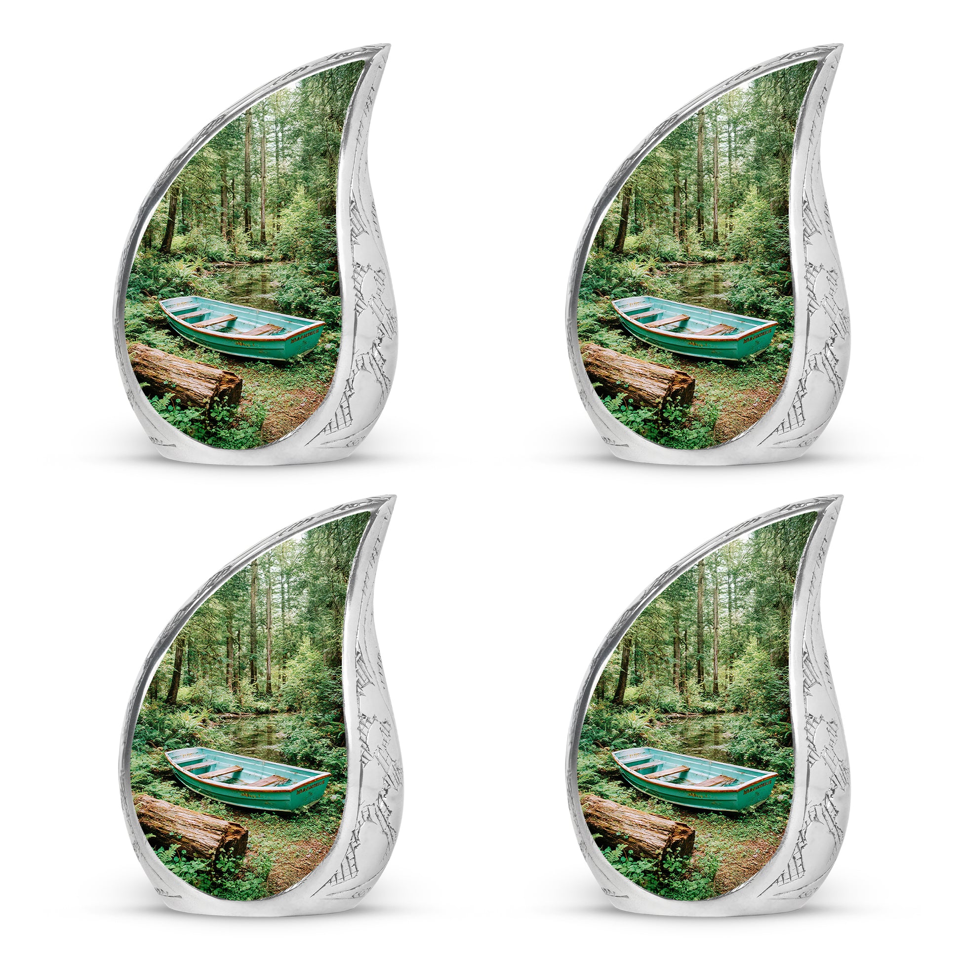 Emerald Green Boat Cremation Urn close-up of engraving and surface detail - flowing teardrop boat silhouette on curved aluminum - 10 inch aluminum urn for cremated remains